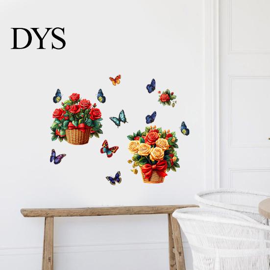 Easy to Apply Floral Decal Set Rose Flowers Wall Stickers with Butterflies, PVC Waterproof Decals, Removable Creative Soft Decoration Gifts