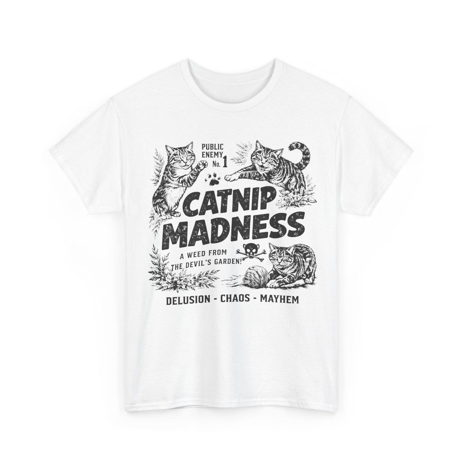 Catnip Madness T-Shirt, Funny Cat Retro Propaganda, Vintage Style Graphic, Monochrome Streetwear, Tabby Illustration, Public Enemy, Chaos S