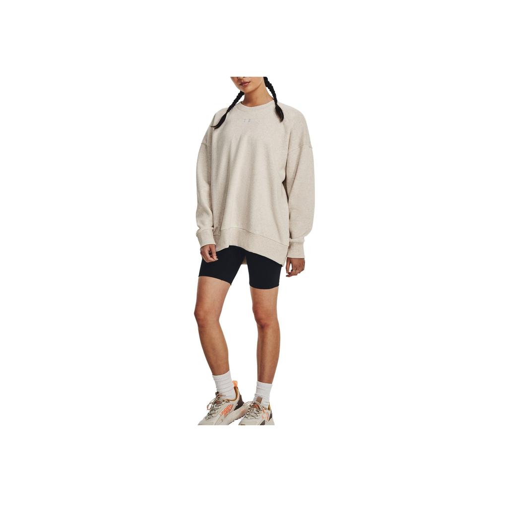 Under Armour Casual Crew Neck Loose Fit Solid Color Pullover Sweatshirt Women Sweatshirt Beige 1379491-784
