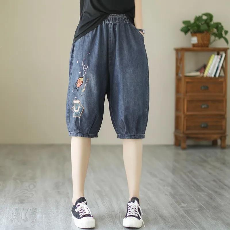 Women's Summer Korean-Style Elastic Waist Large-Pocket Denim Shorts - Loose-Fit Slimming Wide-Leg Pants