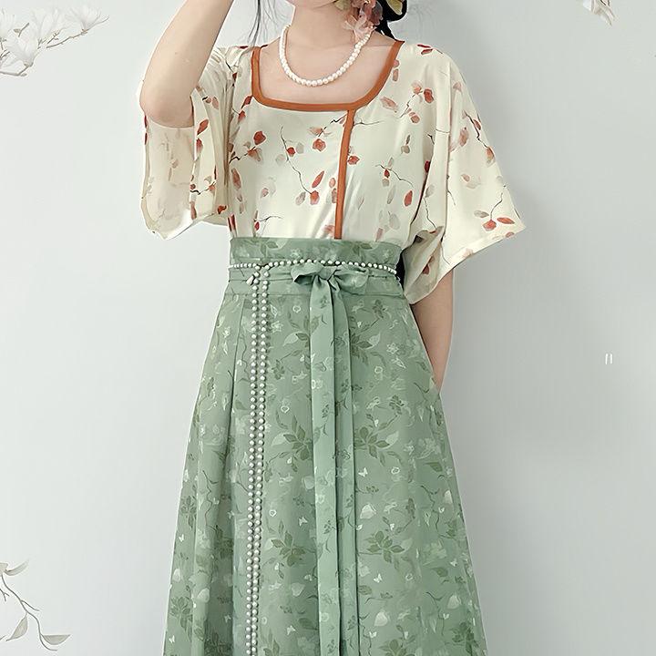 Chinese Song Dynasty Style Hanfu For Women, Printed Improved Crew Neck Shirt And One-piece Skirt Daily Suit