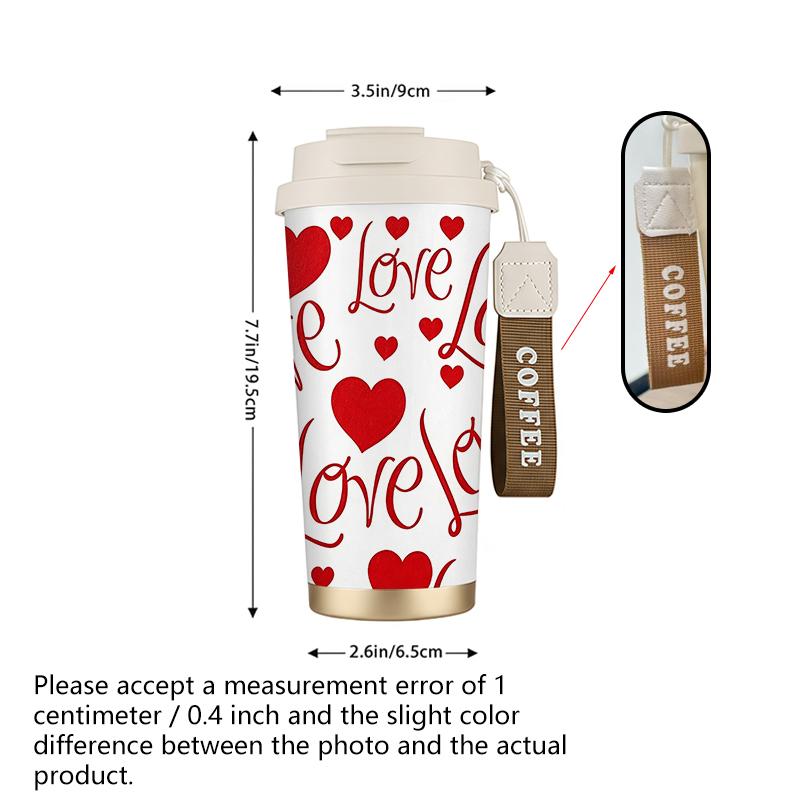 532ml Coffee Mug Full Print Love Heart Motif Strap Coffee Cup Unisex Commuter Coffee Mug Portable Travel Coffee Mug 304Steel Hot Cold Cup