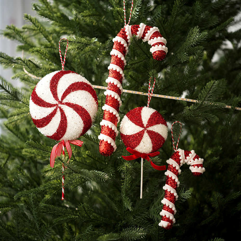 Sweet Christmas Tree Pendant Candy Cane Lollipop Christmas Ornament Red White Sparkling Candy Model for Home Party Deco