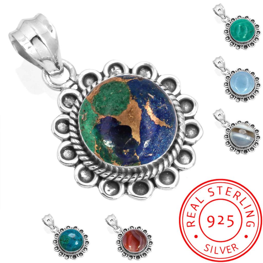 925 Sterling Silver Pendant Women Gemstone Handmade Jewelry New Year Gift Amazonite Angelite Blue Opal Botswana Agate Mohave Azurite Chrysocolla Boho