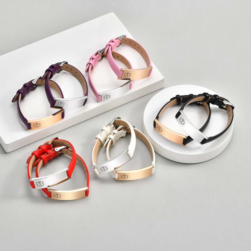 Braccialetto ID di Allerta Medica di Emergenza per Donne, Braccialetti in Vera Pelle con Incisione Gratuita, Gioielli Sportivi Personalizzabili per Diabetici