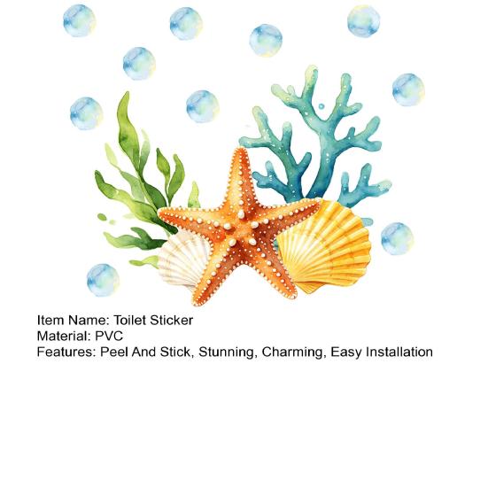 Ocean Shell Starfish Coral Toilet Sticker, Peel And Stick Toilet Lid Tank Seat Decals, Self Adhesive Bathroom Wall Sticker