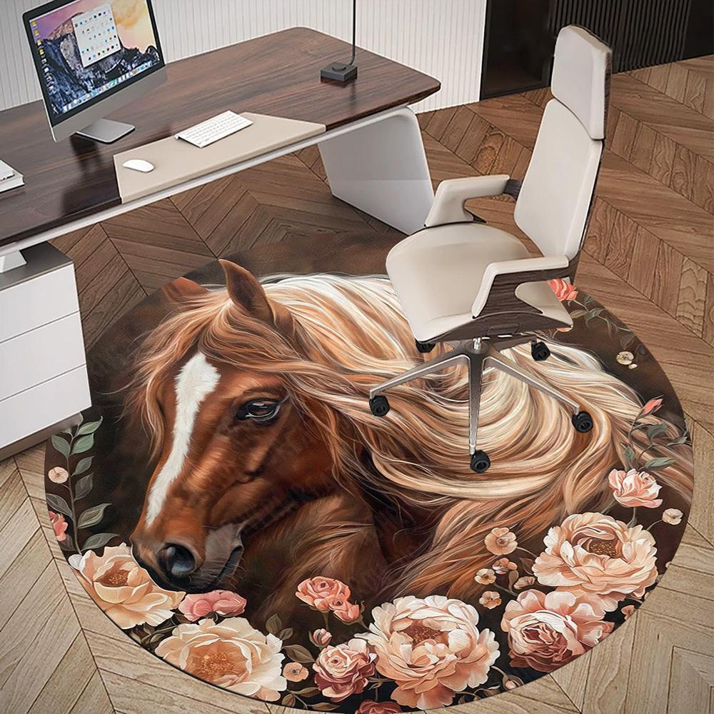 1PC horse flowers Office Round Area Rug, Under Office Chairs Bedroom Living Room Home Decor, Carpet for Office -1110166