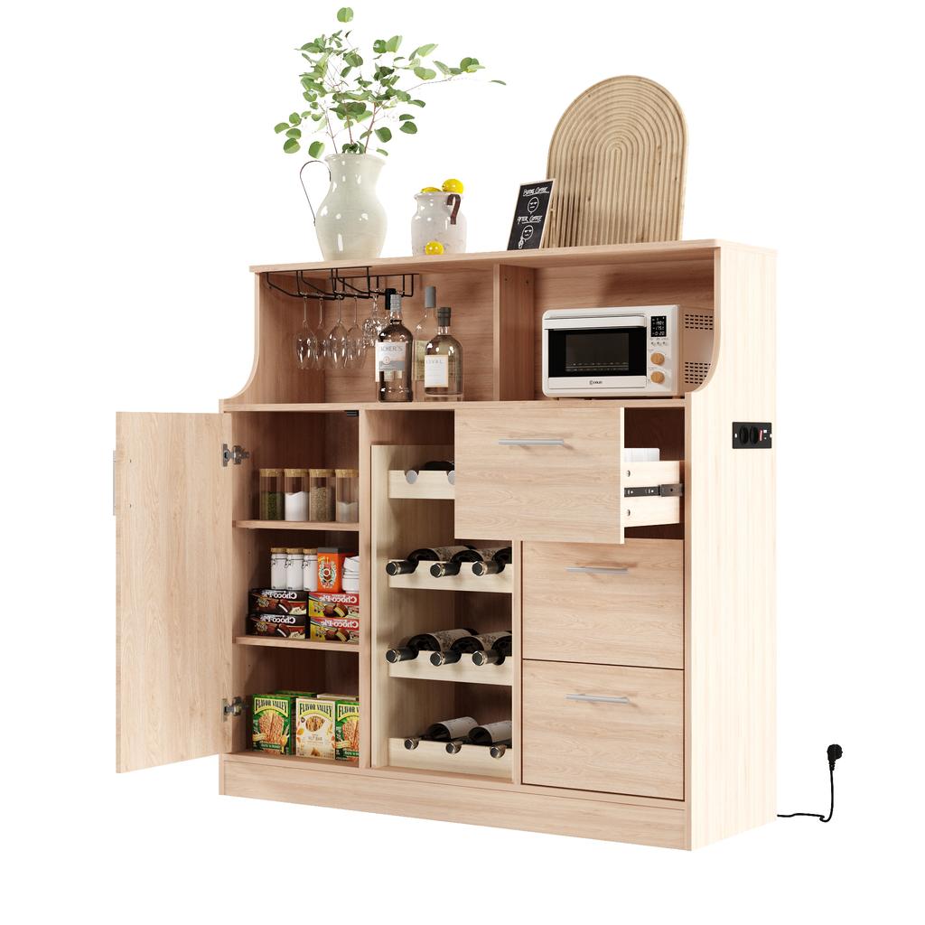 Sideboard, Restaurant Bar with LED, Sockets, Glass Holder, Wine Rack, Multi-Layer Storage, Suitable for Use In Restaurants and Kitchens
