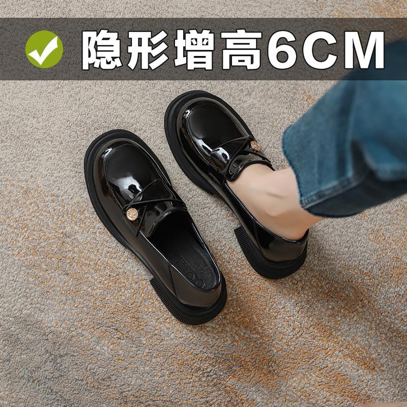 Small Leather Shoes Women's Thick-soled Thick Heel Inner Height Increase 6CM Versatile Small Size 32334 Black Round Head Small Gold Coin
