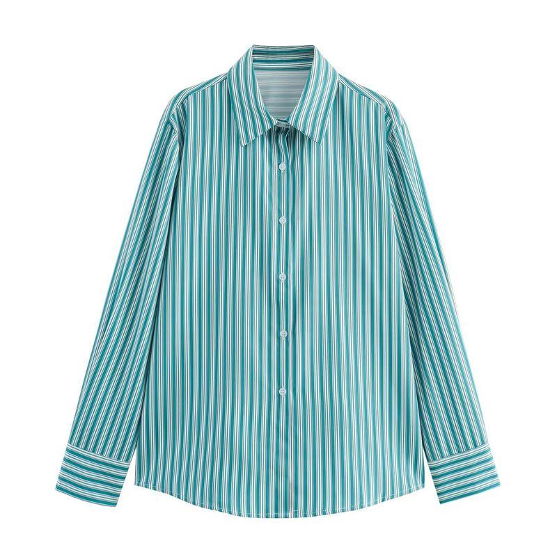 

Kaslead New Arrival Women s Clothing Fashion Style Fashion Casual Minimalist All-Matching Striped Long Sleeve Shirt Top Peacock Blue L