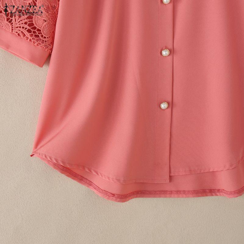 ZANZEA Women Casual Turn Down Collar Lace Splice Half Sleeve Blouse