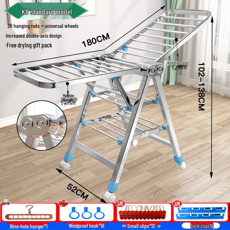 Wing-Shaped Folding Clothes Rack for Bedroom & Balcony - Retractable Floor-Standing Drying Rack.