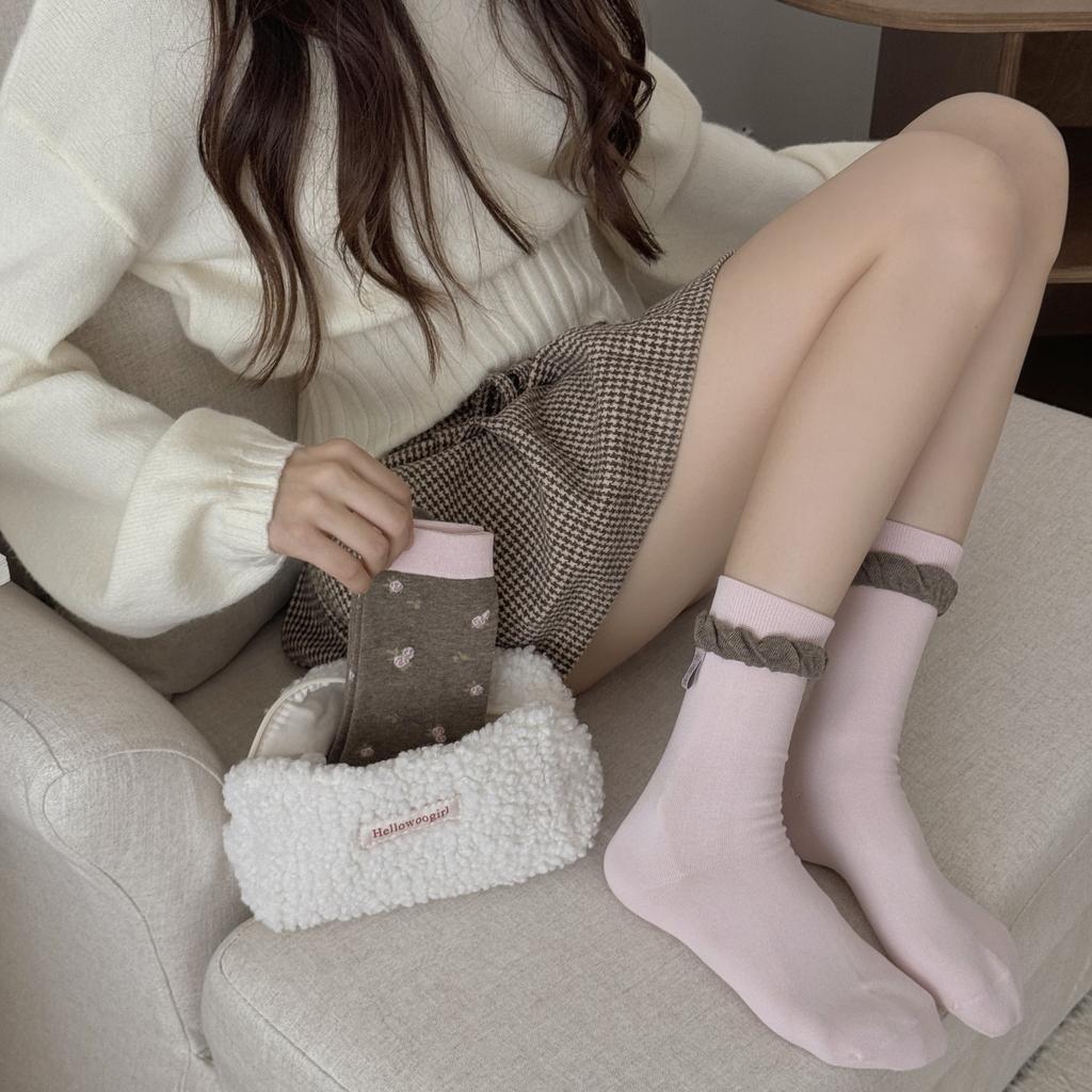 Lady Spring and Autumn Cloth Label Bow Small Broken Flower Bubble Mouth Boneless Tube Pile Socks