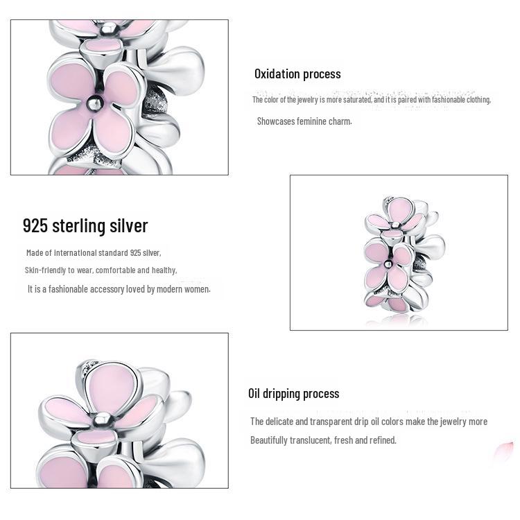 Sterling Silver Pink Four-Leaf Flower Beaded Bracelet Spacer Jewelry