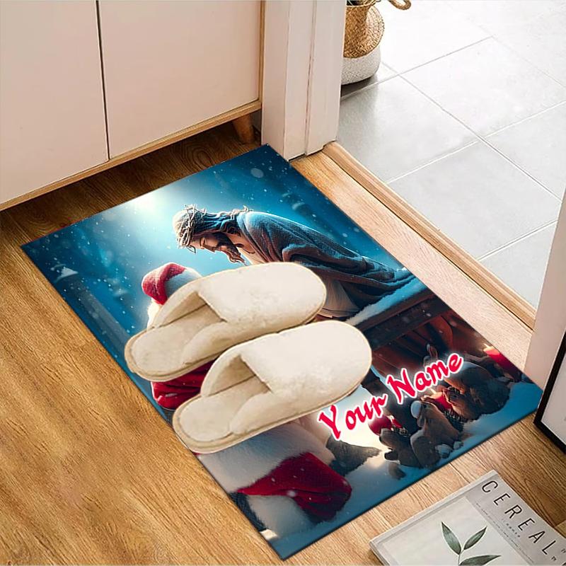 1PC Custom Name Christmas Jesus And Santa Interaction. Theme Floor Mat Ideal for Living Room, Game Rooms, Office, Bedroom,Floor Mat Playful Design