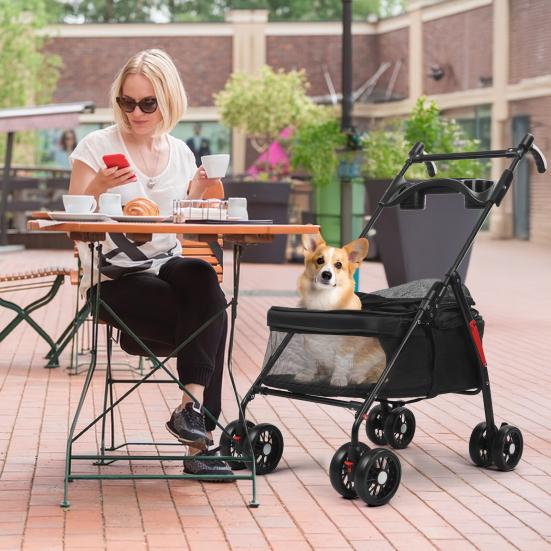 Dog Travel Stroller 4 Wheels Pet Stroller, Folding Jogger with Adjustable Handle, Breathable 4-Wheels And Visible Mesh, Cup Holder for Small