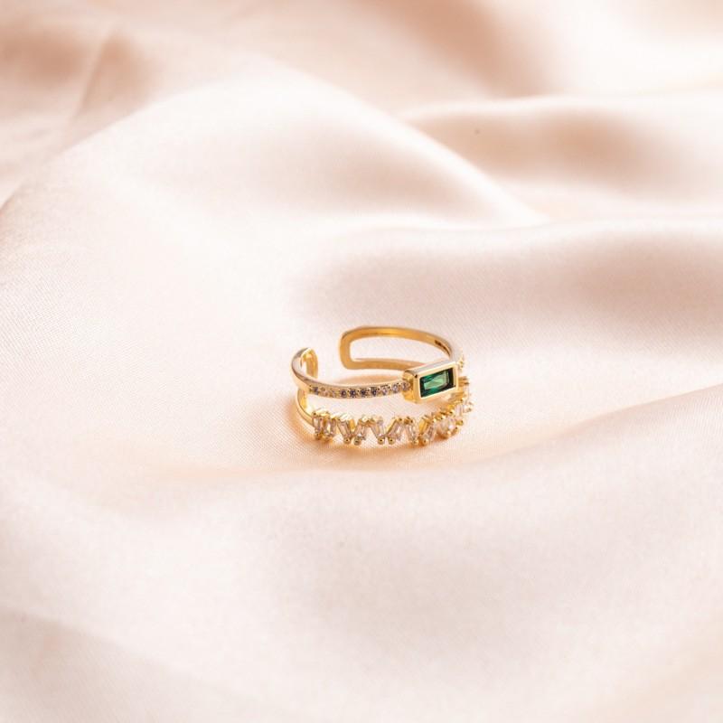 Vintage Malachite Green Diamond Double Ring Femininity Trendy Opening Adjustable Index Finger Ring