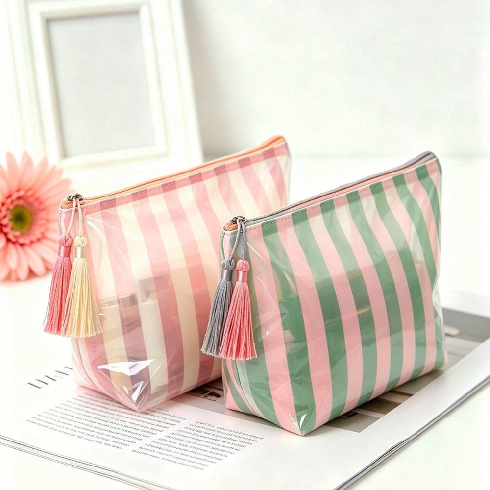 Striped Cosmetic Bag PVC Travel Pouch Reusable Makeup Organizer Bathroom