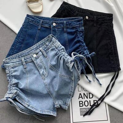 Fashionable Versatile Drawstring Denim Shorts Female Summer Thin Section of High-waisted Elastic Slim Straps A Word Wide-leg Super Short Pants Sub