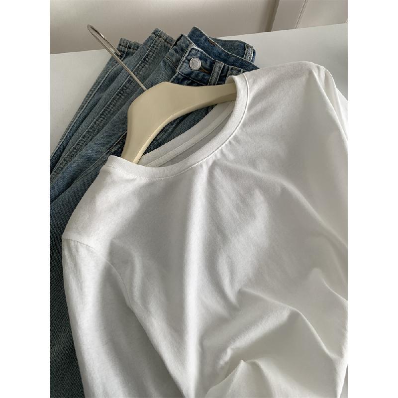Hollowed-out lace hem pure cotton round-neck long-sleeve T-shirt for women, 2026 spring elegant Korean-style base shirt top