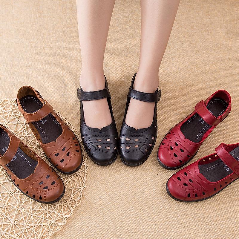 Baotou Hollow Soft-soled Shoes Single Shoes Spring Comfortable Flat-soled Women's Shoes Hole Leather Shoes Middle-aged and Old New Models