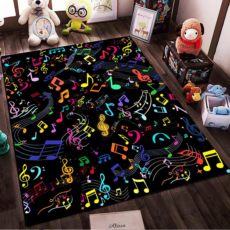 Colorful Musical Notes Pattern Carpet, Black Background Home Decor Suitable for use as an anti-slip for living room bedroom sofas