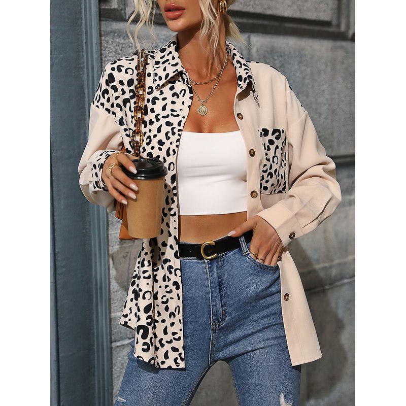 

Fashion Autumn New Fashionable Stylish Polo Collar Single-Breasted Leopard Print Print Patchwork Pocket Long Sleeve Shirt Coat Image color XL