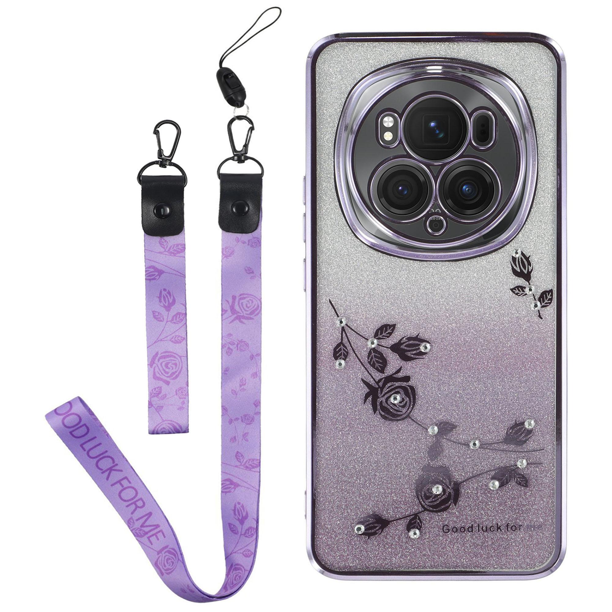 

For Honor Magic6 Pro 5G Case TPU Phone Cover with Lanyard Rhinestone Decor Sparkle Shiny Purple