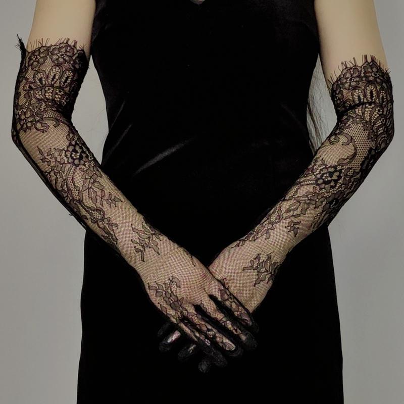 

Fairy Long Black Lace Gloves Sexy Mesh Hollow Out Bridal Glove Thin Sunscreen Elbow Gloves Wedding Dress Pography Accessories