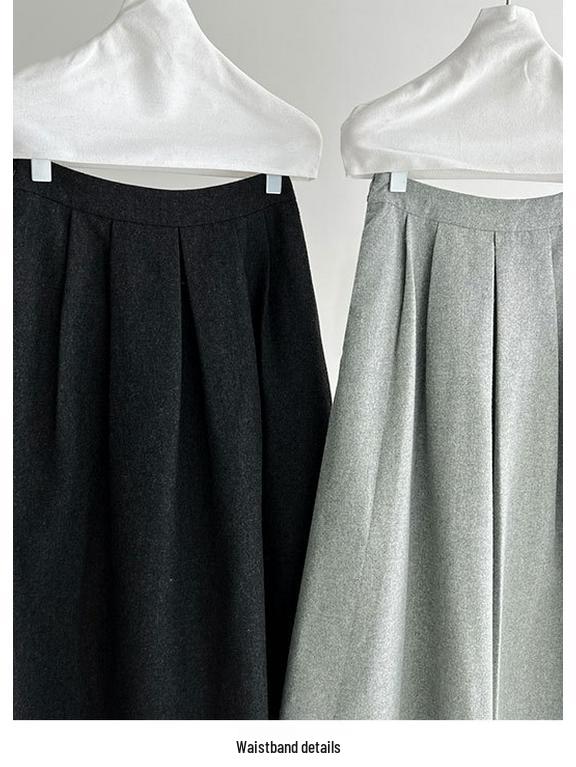 LUXI Women's Autumn Wool A-Line Korean Pleated High-Waist Midi Skirt