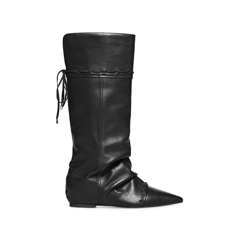 Super soft lambskin~ Stacked pleated knight boots female Maillard folding two wear western boots cowboy boots long tube