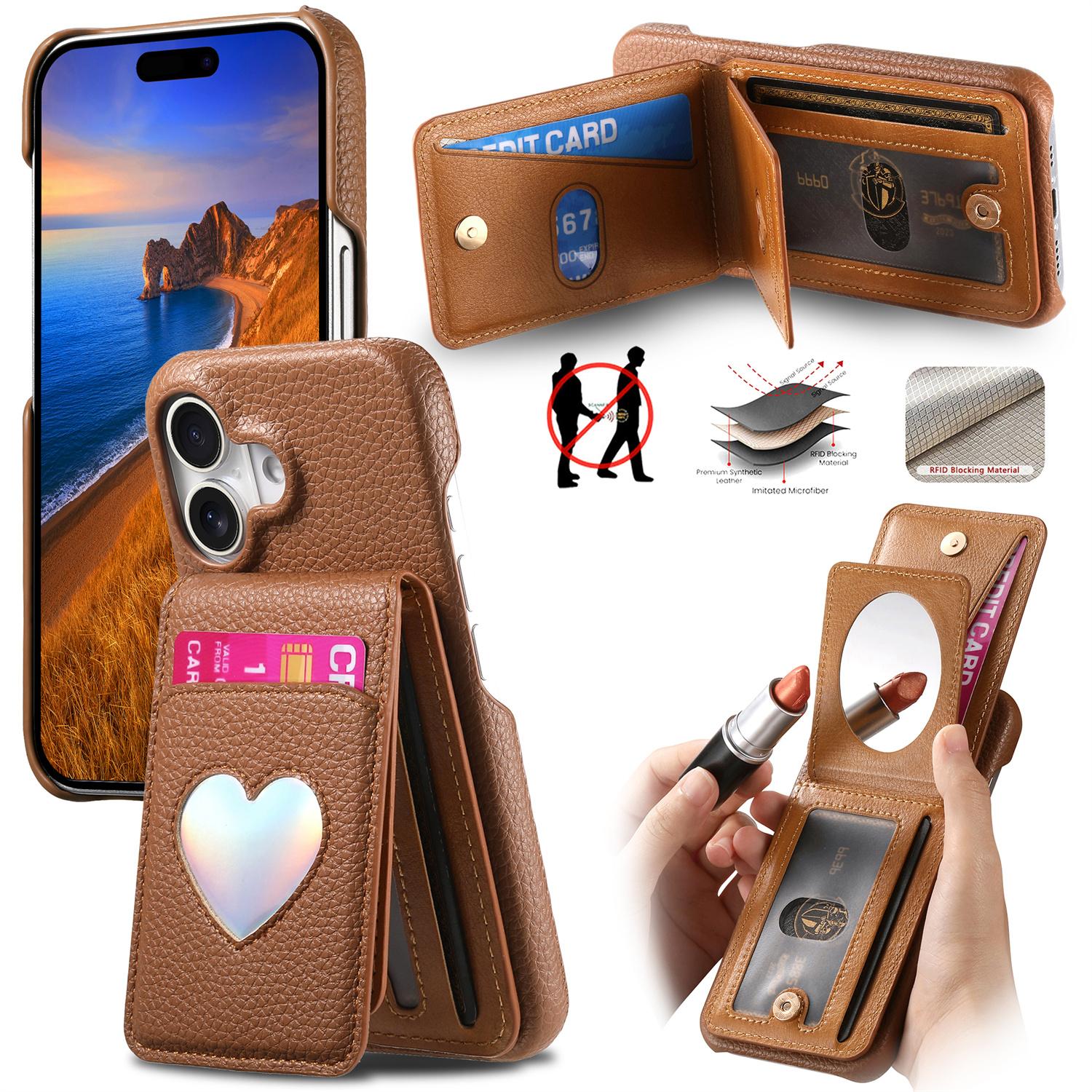 

For iPhone 16 Case with Mirror Card Holder RFID Blocking Litchi Texture PU PC Phone Back Cover Brown
