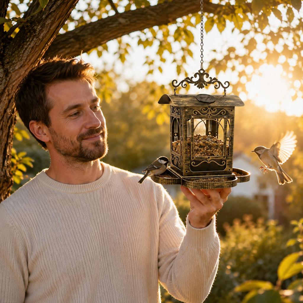 Vintage Metal Hanging Bird Feeder Outdoor Decorative Pavilion Design with Large Seed Tray for Garden Yard Patio Balcony