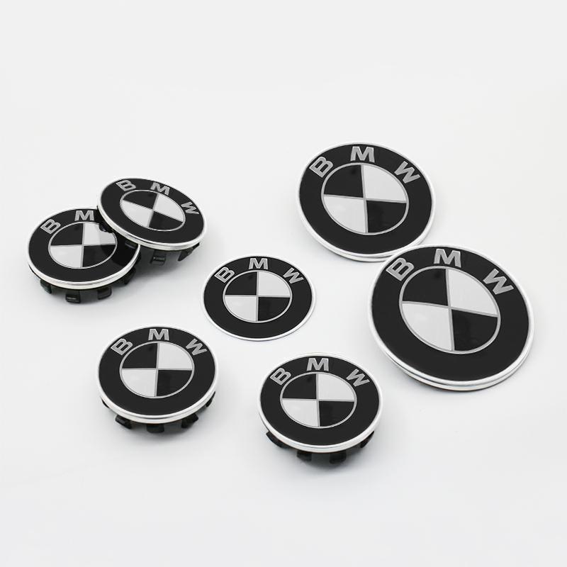 Car Black White BMW Logo Front Hood Emblem 82mm Rear Badge 74mm Wheel Hub Cap 68mm 56mm steering wheel sticker 45mm Accessories