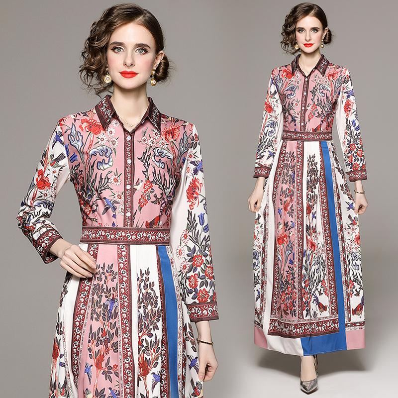 Primavera otoño Vintage marca diseñador estampado vestido de pasarela mujeres cuello de solapa largo Maxi vestidos de fiesta casuales