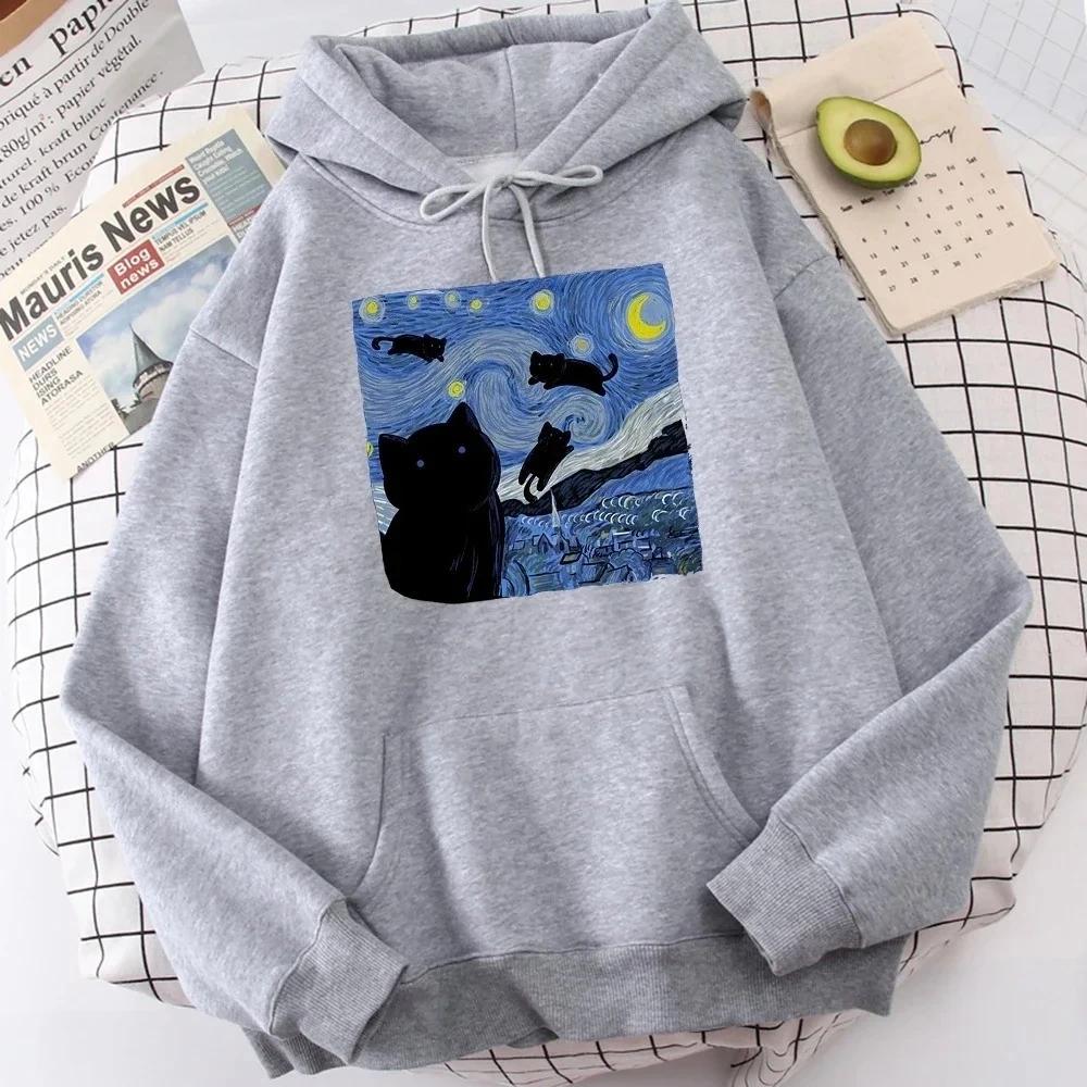 Starry Cat Night printed hoodie for men's autumn fashion cartoon sports sweatshirt