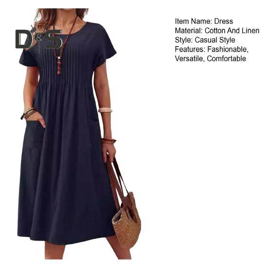 Women's Casual Dress Round Neck Short Sleeve Maxi Dress with Pocket Loose Fit Summer Dress for Office Daily Beach Party
