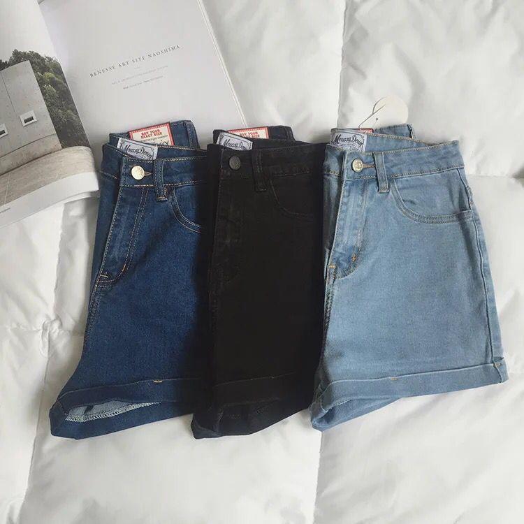 Summer High Waist Stretchy Denim Shorts Pants Women Fashion Light Color Tight Fit Rolled Hem