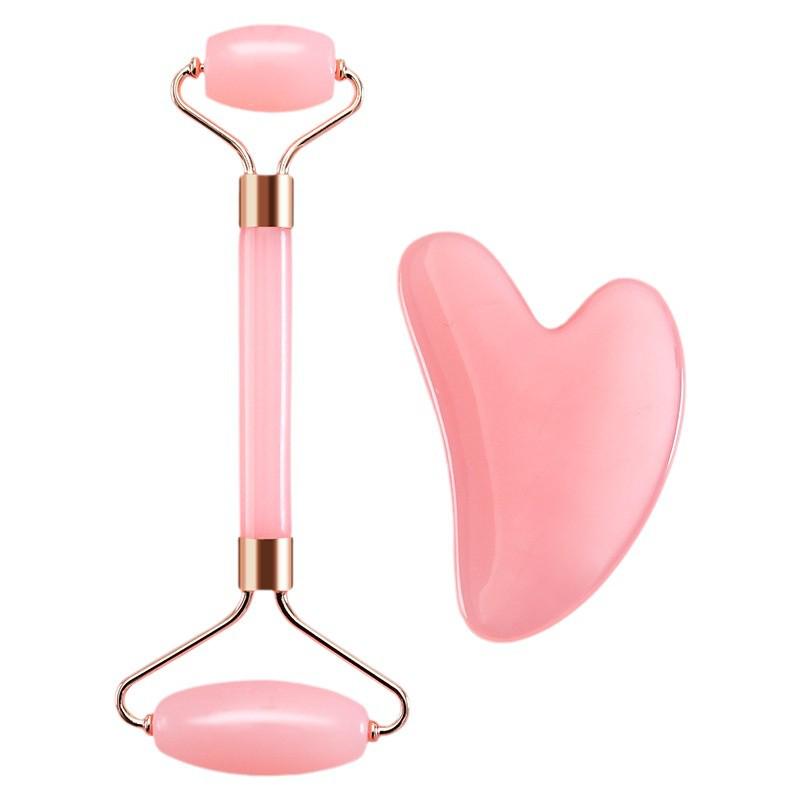 Rose Quartz Heart-Shaped Facial Massage Set with Dual-Head Roller & Board