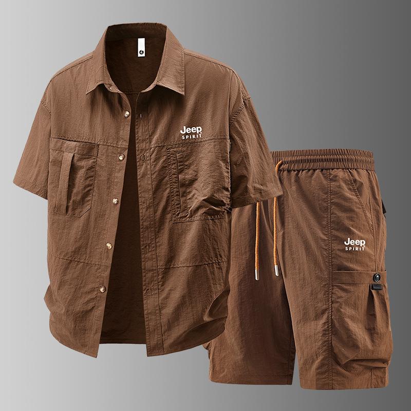 Summer Ice Silk Short Sleeve Set Men's Short Sleeve Shirt Five Leg Pants Workwear Set