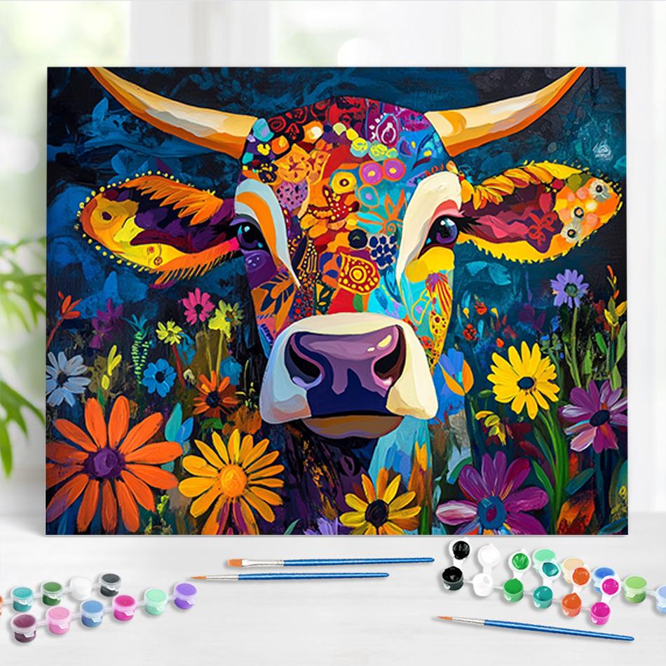 RUOPOTY Oil Painting By Numbers Flower Cow Acrylic Paint Paintings Handmade Gift Hand Painted Painting By Numbers Acrylic Kits