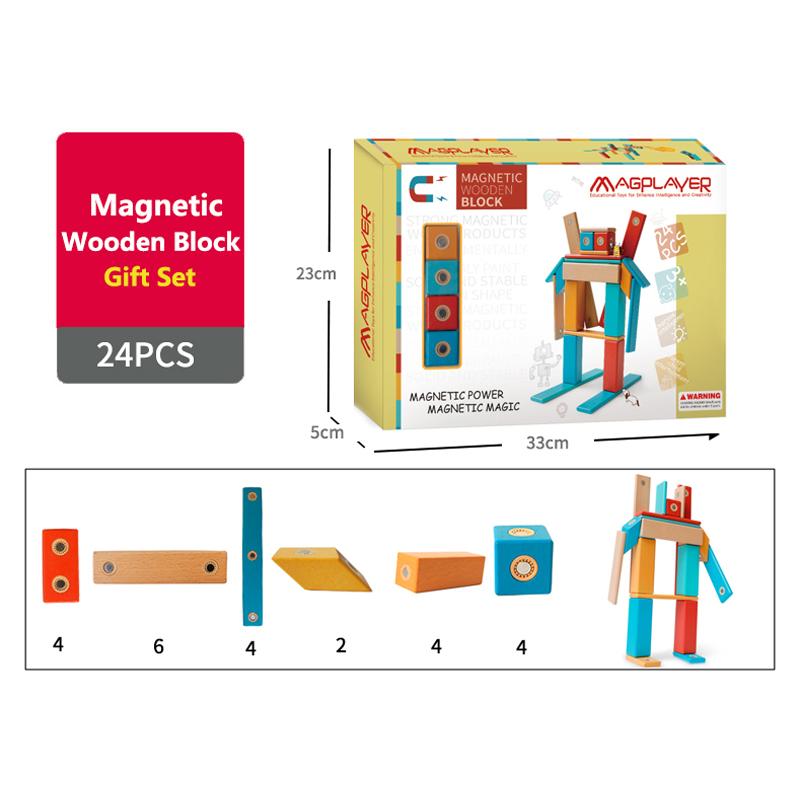 

1Set Magnetic Wooden Blocks Toys 24PCS Wood Building Blocks Construction Set Children Montessori Educational Toys For Kids Gifts