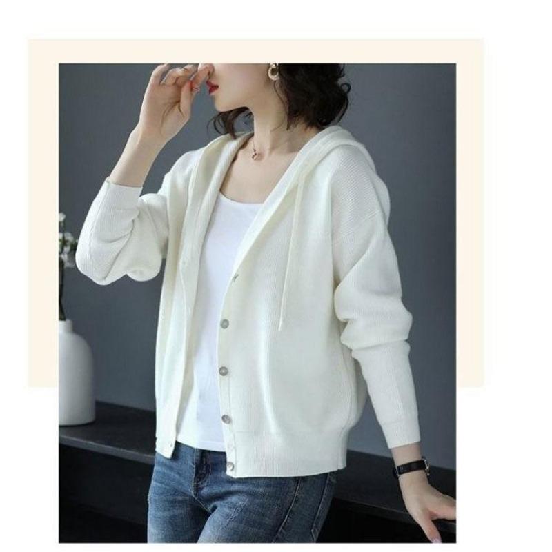 Autumn Winter Solid Color Loose Casual Buttons Knitting Coat Women Simple All-match Cardigan Hooded Top