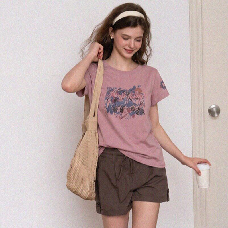 American retro old pink T-shirt women's summer new niche design printed loose short-sleeved top