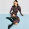 High Neck Mesh Floral Print Long Sleeve Bodycon Dress Vintage Ruched Mid Length Women