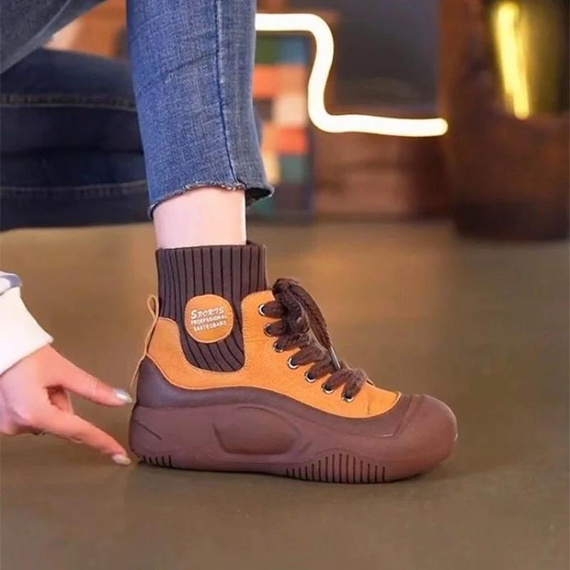 Fashion Women Boots Autumn/winter Lace Up Thick Soled High Elastic Short Boots Fashion High Top Comfort Non Slip Outdoor Shoes 2025