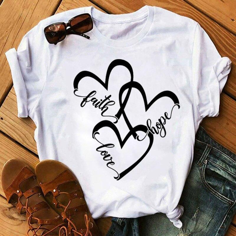 Graphic T-Shirt Women Clothing Harajuku Heart Print Aesthetic Basic O-Neck Tops Casual Tshirt Tee Fashion Roupas Femininas