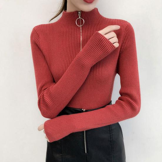 Autumn Winter Women Solid Sweater Half Turtleneck Long Sleeve Zipper Neckline Knitted Pullover Sweater Female Comfortable Warm Slim Knitted
