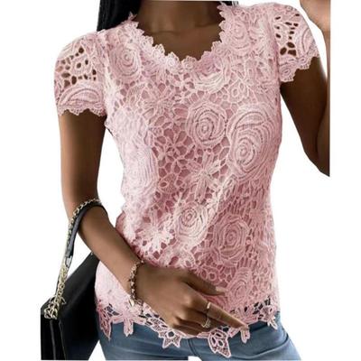 Summer New Women's Lace Solid Color Short Sleeved Hollow Fashion Top