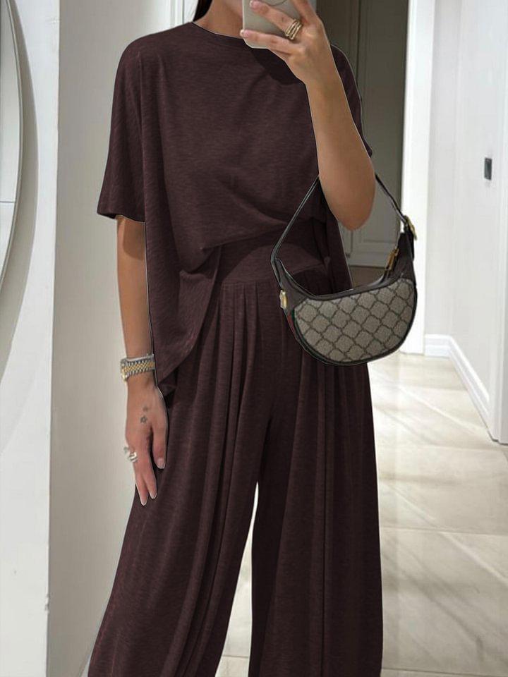 2025 Women's Drapey Wide-Leg Pants Two-Piece Set - Professional Casual Loose Fit with Solid Colors